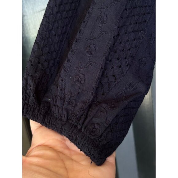 Loft Navy Blue Embroidered Cotton Blouse With Balloon Sleeves S - Picture 5 of 8